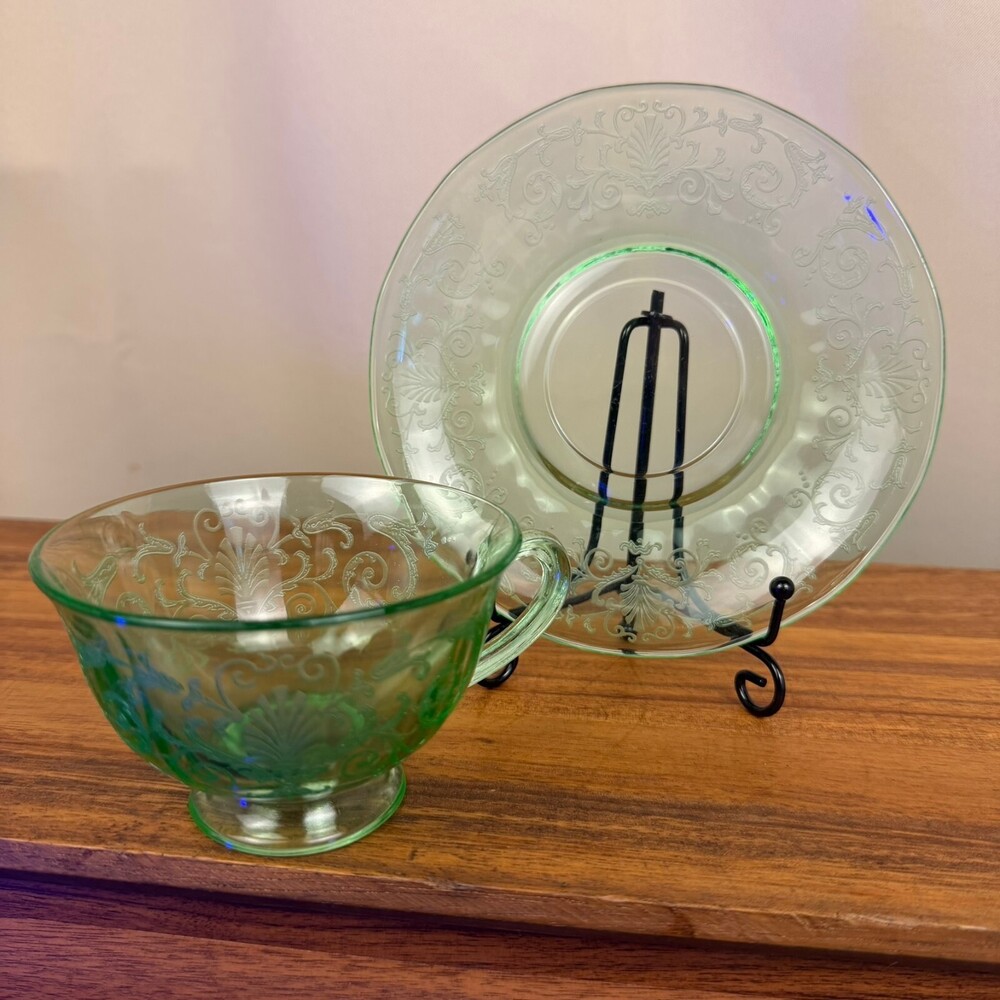Fostoria Versailles Green Uranium Depression Glass Etched Coffee cup/ Saucer Set